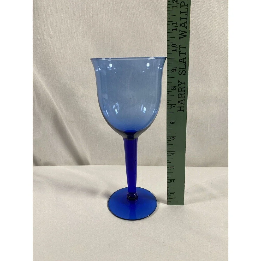 Lot of 4 Large Tall Cobalt Blue Wine Glasses Thick Stem #469